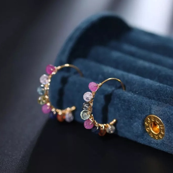 Natural Colorful Sapphire Hoop Earrings - Picture 3 of 6